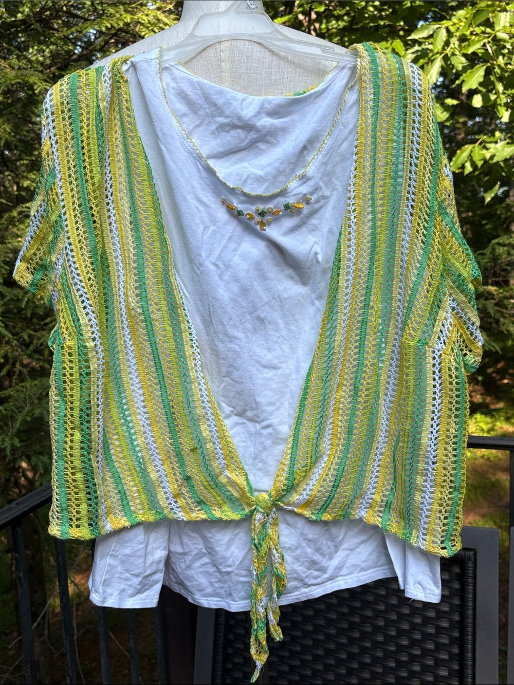 Alfred Dunner Lightweight Striped Tie-Front 2pc top- Yellow Green sz 2x